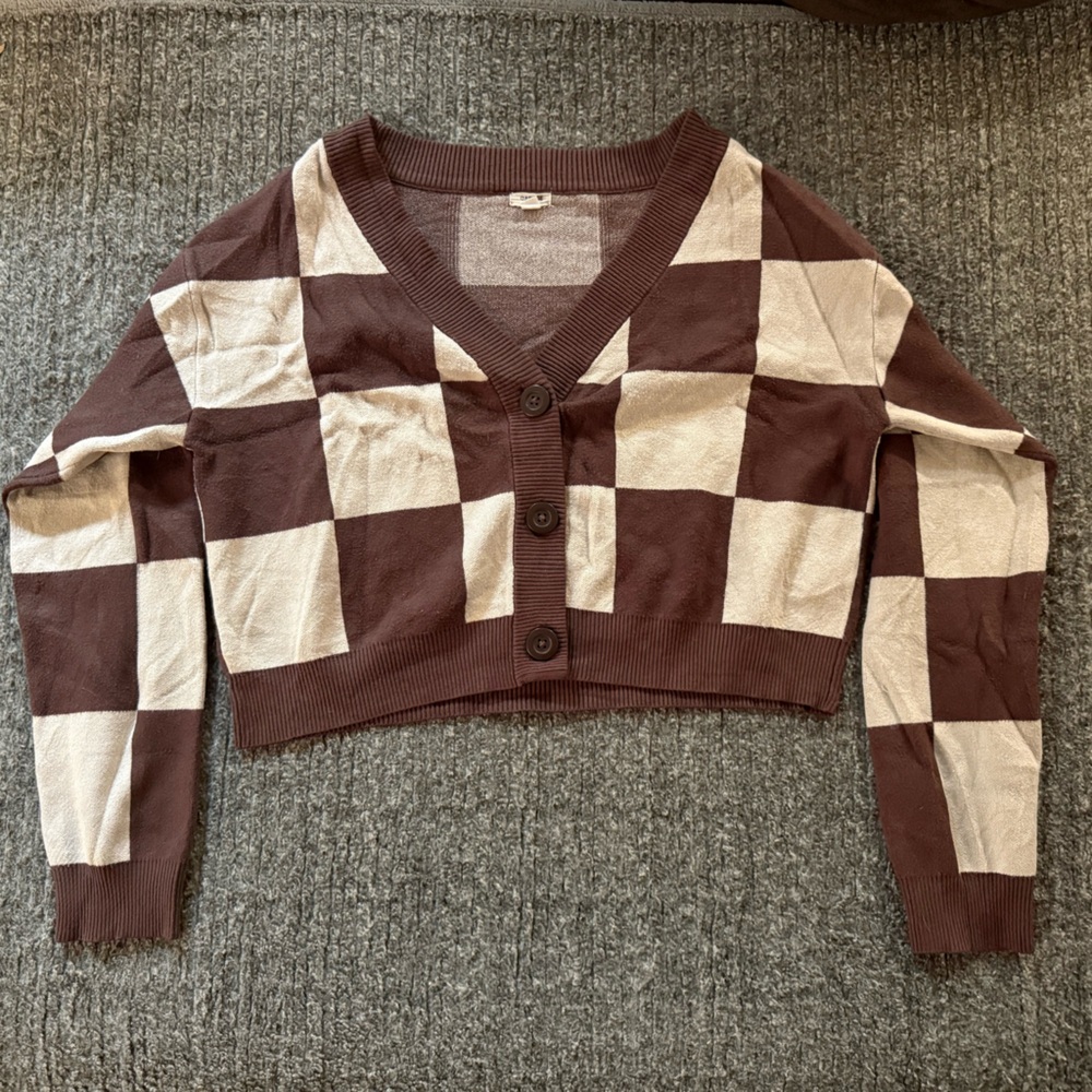 Garage Brown and Cream Checkered Cardigan